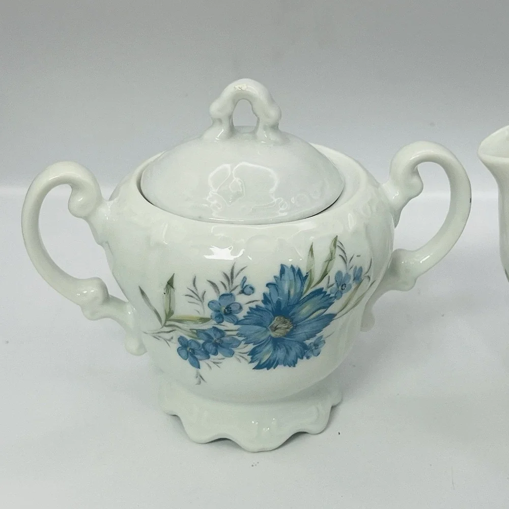 Vintage White Ceramic Teapot Blue Floral Cornflower Design Scalloped Rim